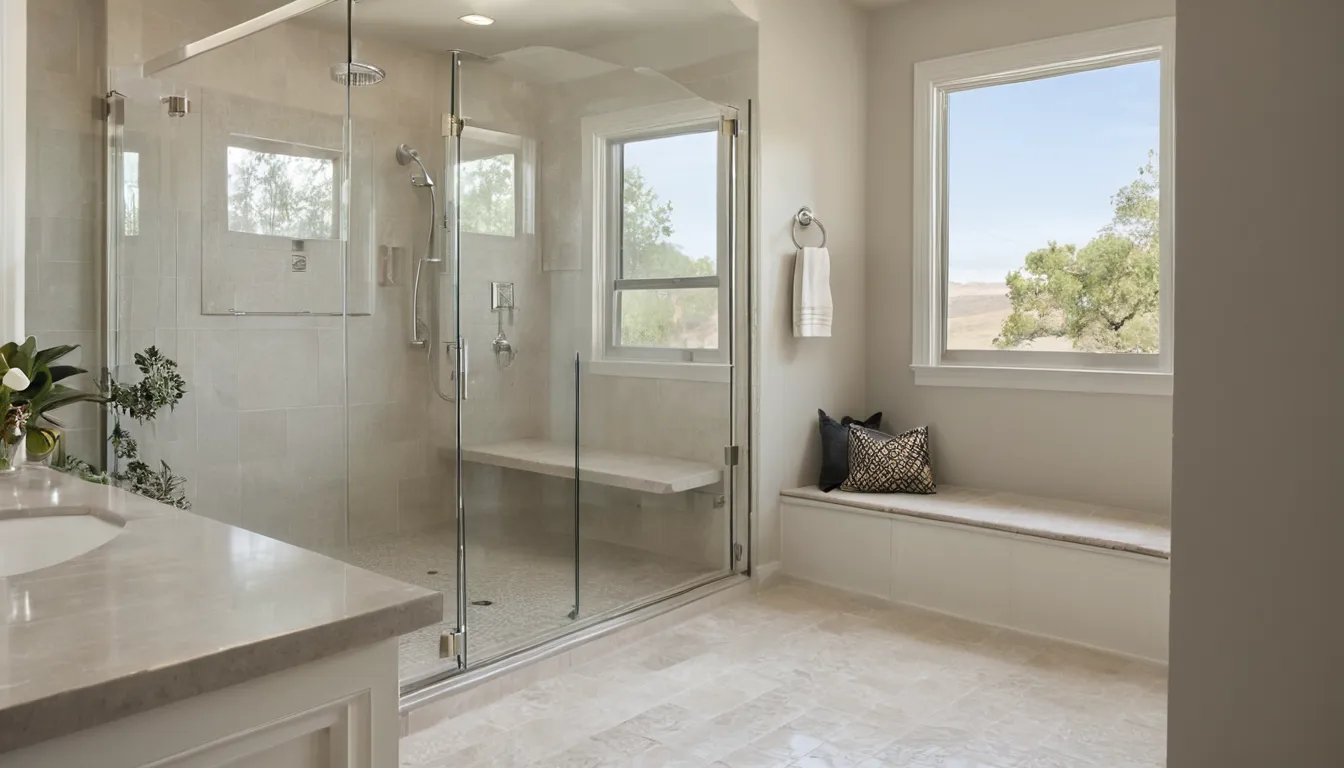 A comfortable low-entry shower with a bench and grab bar in a bright bathroom in the Menifee area