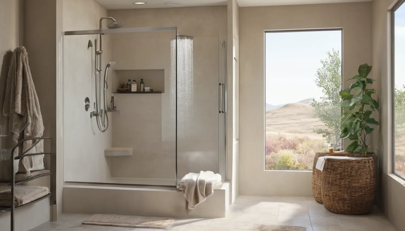 Bright, accessible walk-in shower with a bench and grab bar in a Menifee area home