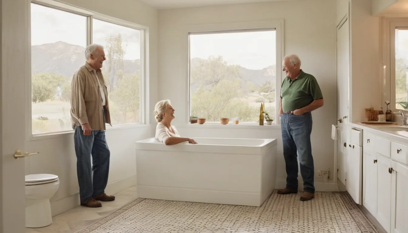 A friendly homeowner couple looking at a walk-in tub in a bright bathroom in a Menifee home